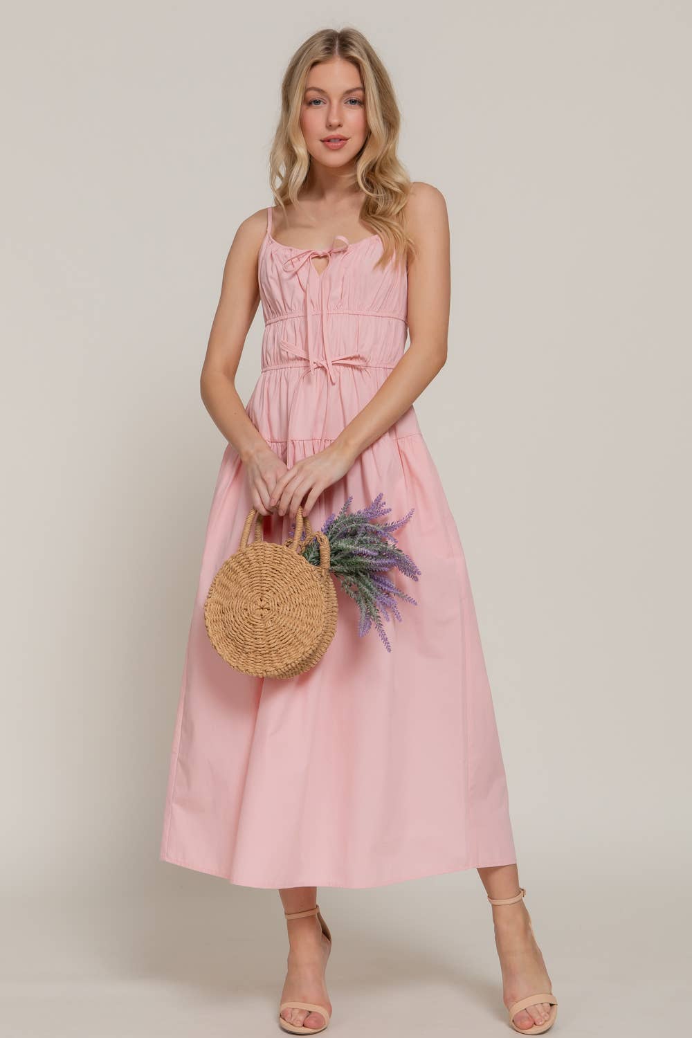 Sydney Front Tie Detail Tiered Midi Dress Pink / M