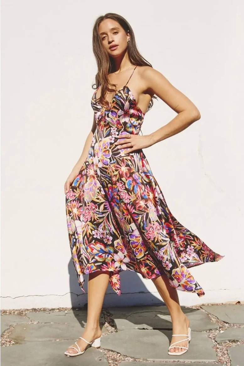 satin floral midi dress Satin Floral Handkerchief Hem Midi Dress M