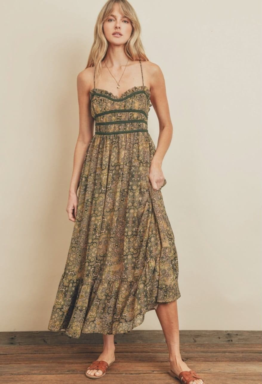 Drew Lace Trim Midi Dress L / Floral Jardin