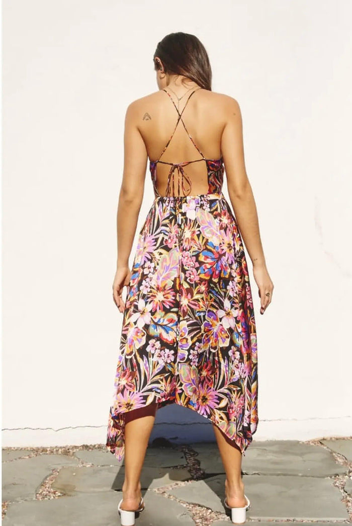 Satin Floral Handkerchief Hem Midi Dress