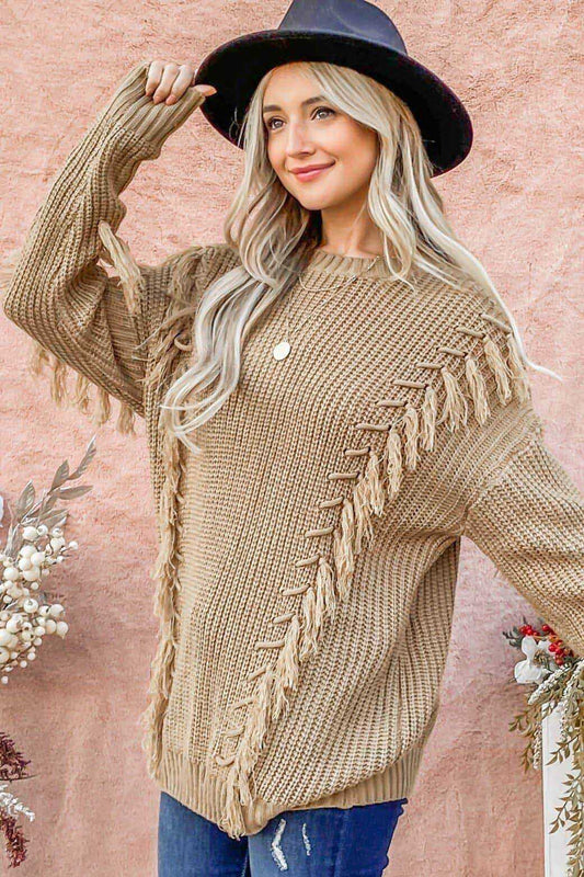 Tied String and Tassel Detailed Sweater Top