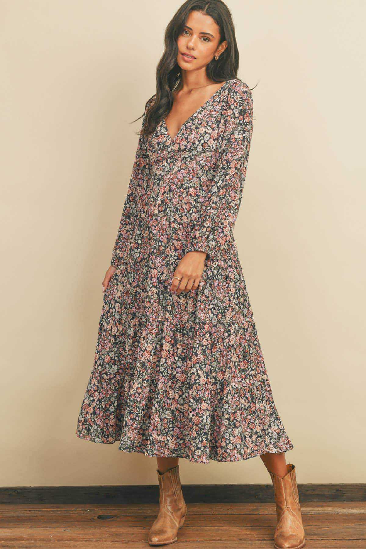 Lupe Falling Floral Tie-Back Tiered Dress