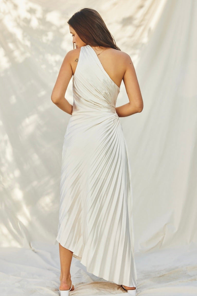 Olympia Asymmetrical Pleated Maxi Dress