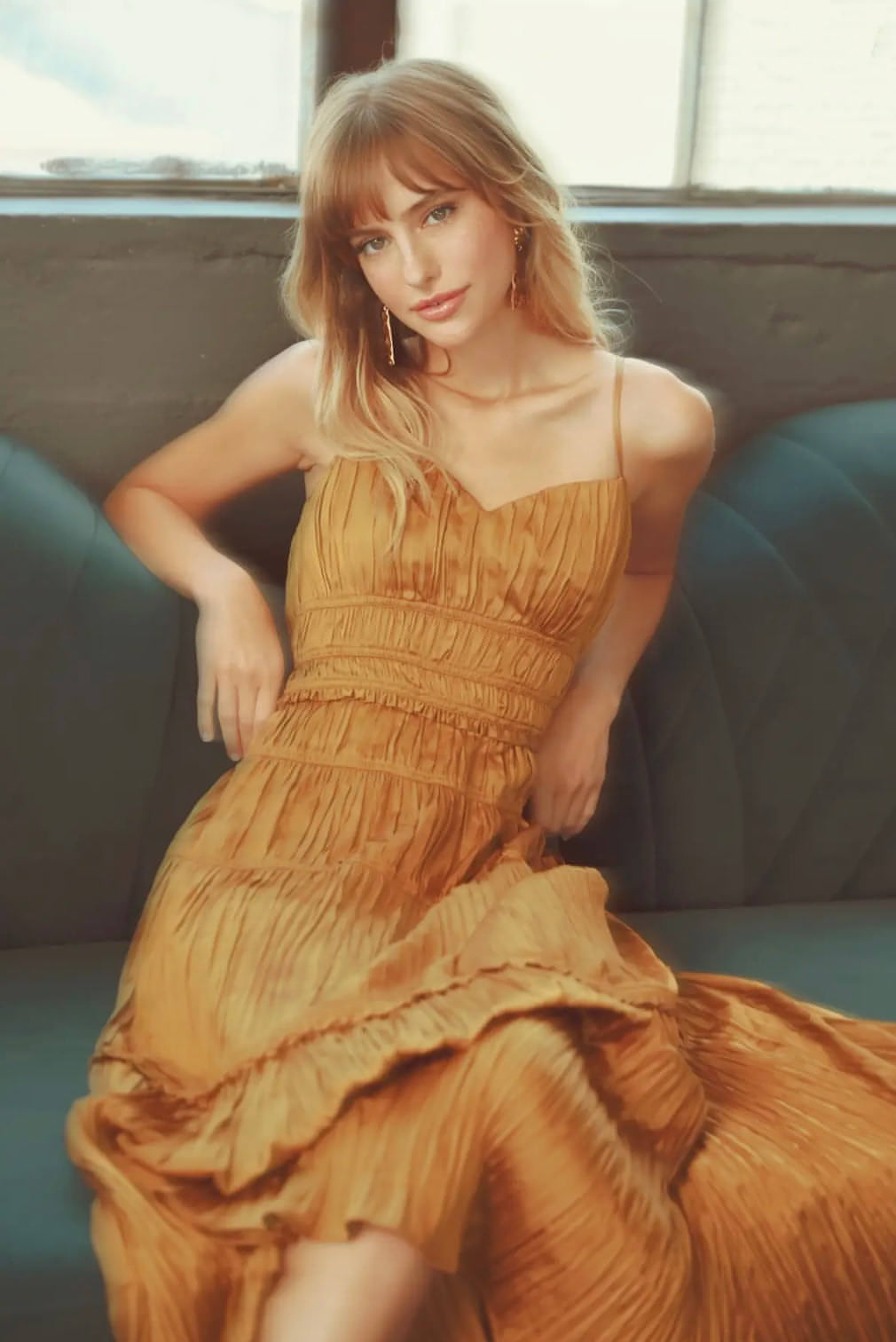 Pleated Satin Tiered Midi Dress