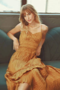 Pleated Satin Tiered Midi Dress