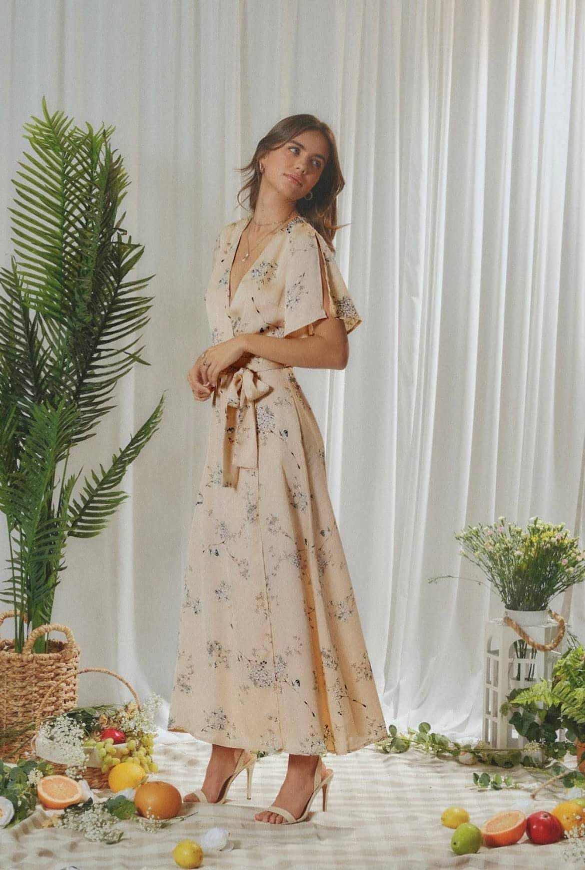 Diahna Floral Printed Satin Wrap Maxi Dress