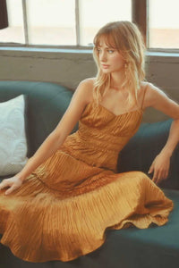 Pleated Satin Tiered Midi Dress