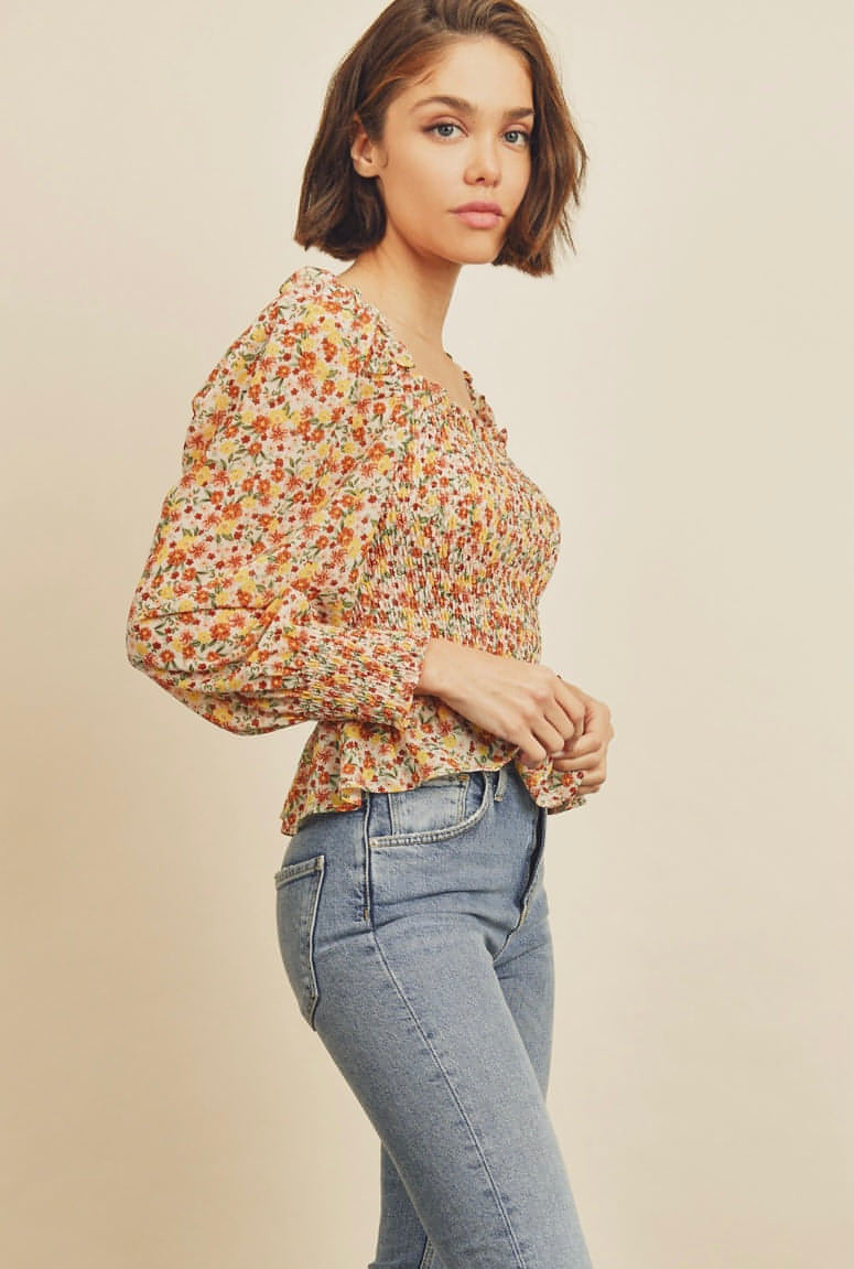 Floral Square-Neck Smocked Top