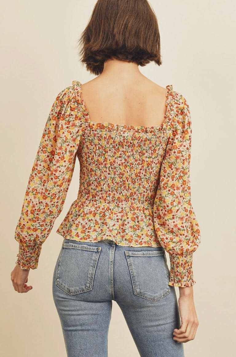 Floral Square-Neck Smocked Top
