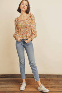 Floral Square-Neck Smocked Top