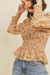 Floral Square-Neck Smocked Top