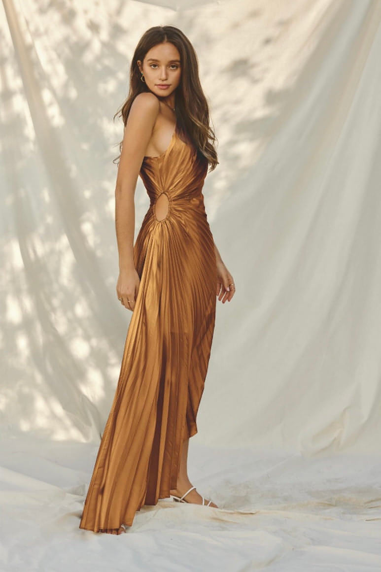 Olympia Asymmetrical Pleated Maxi Dress