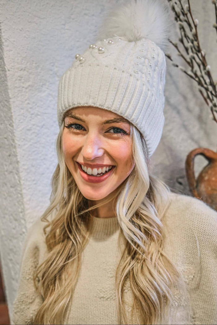 Fur Lined Beanie with Pearl and Pompom