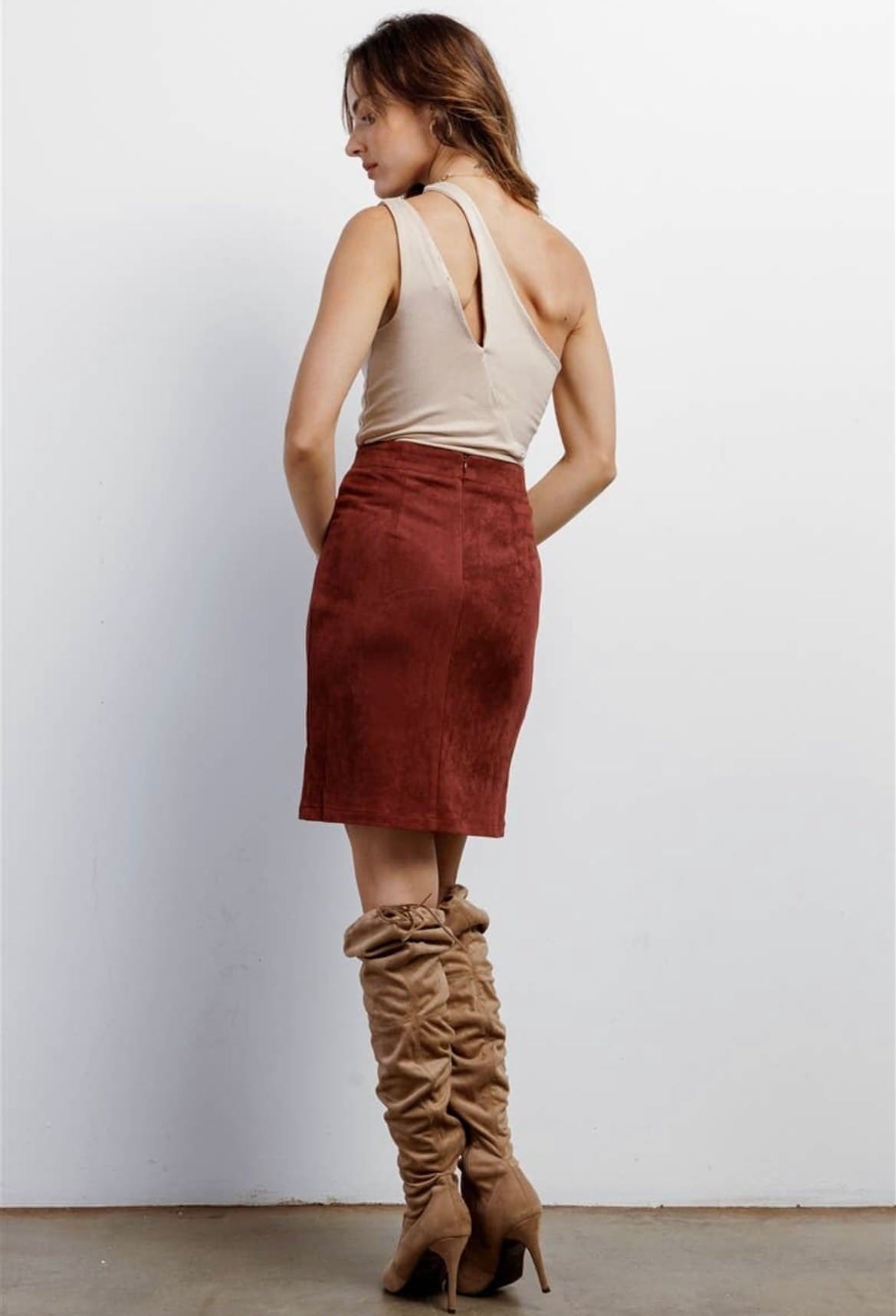 McKenna Faux Suede High-Waisted Asymmetrical Stitch Mini Skirt