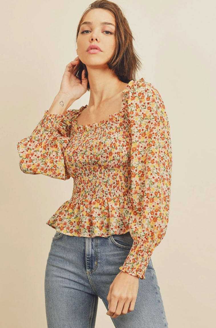 Floral Square-Neck Smocked Top