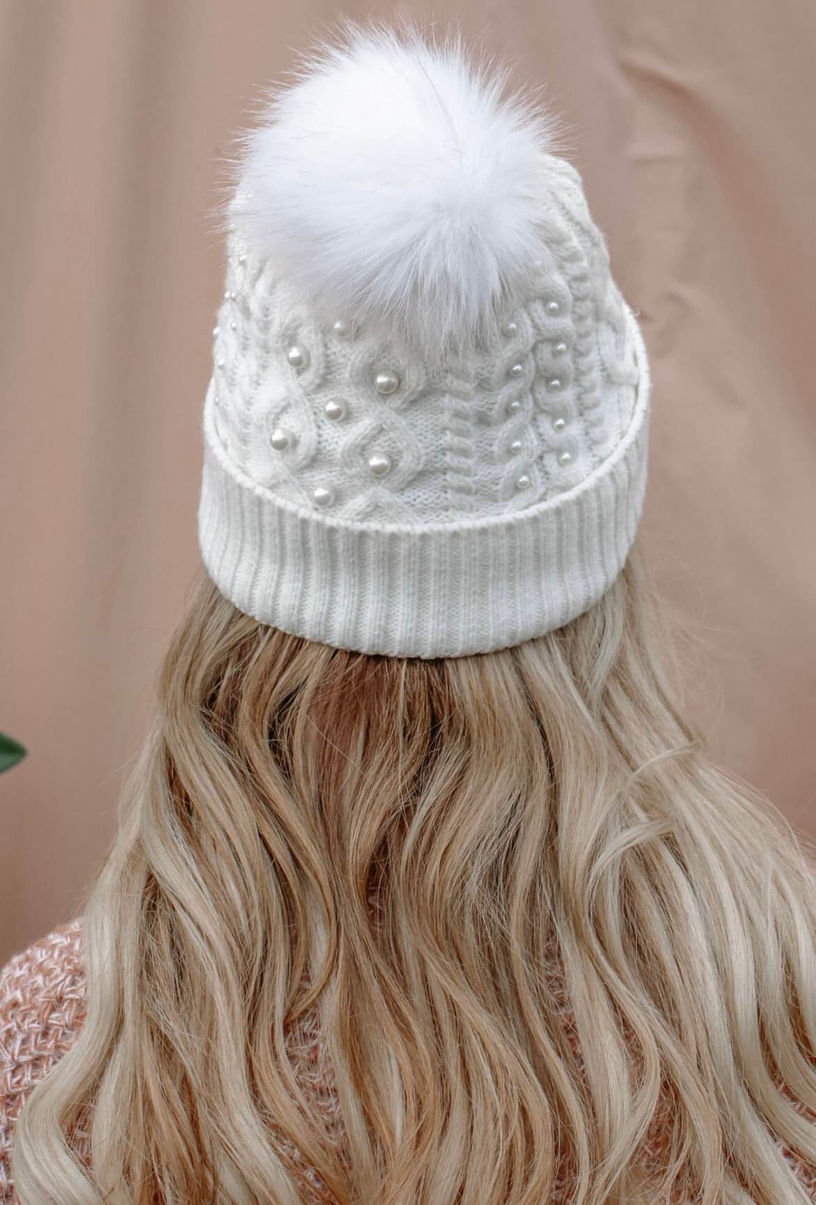 Fur Lined Beanie with Pearl and Pompom