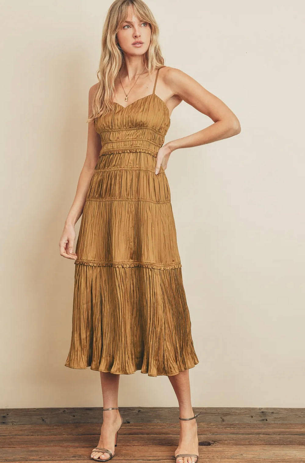 Pleated Satin Tiered Midi Dress