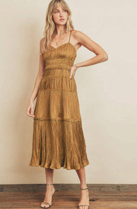 Pleated Satin Tiered Midi Dress