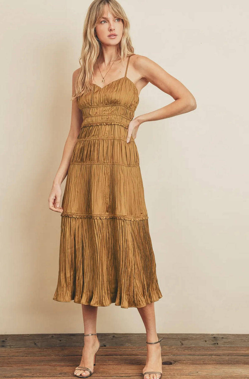Pleated Satin Tiered Midi Dress